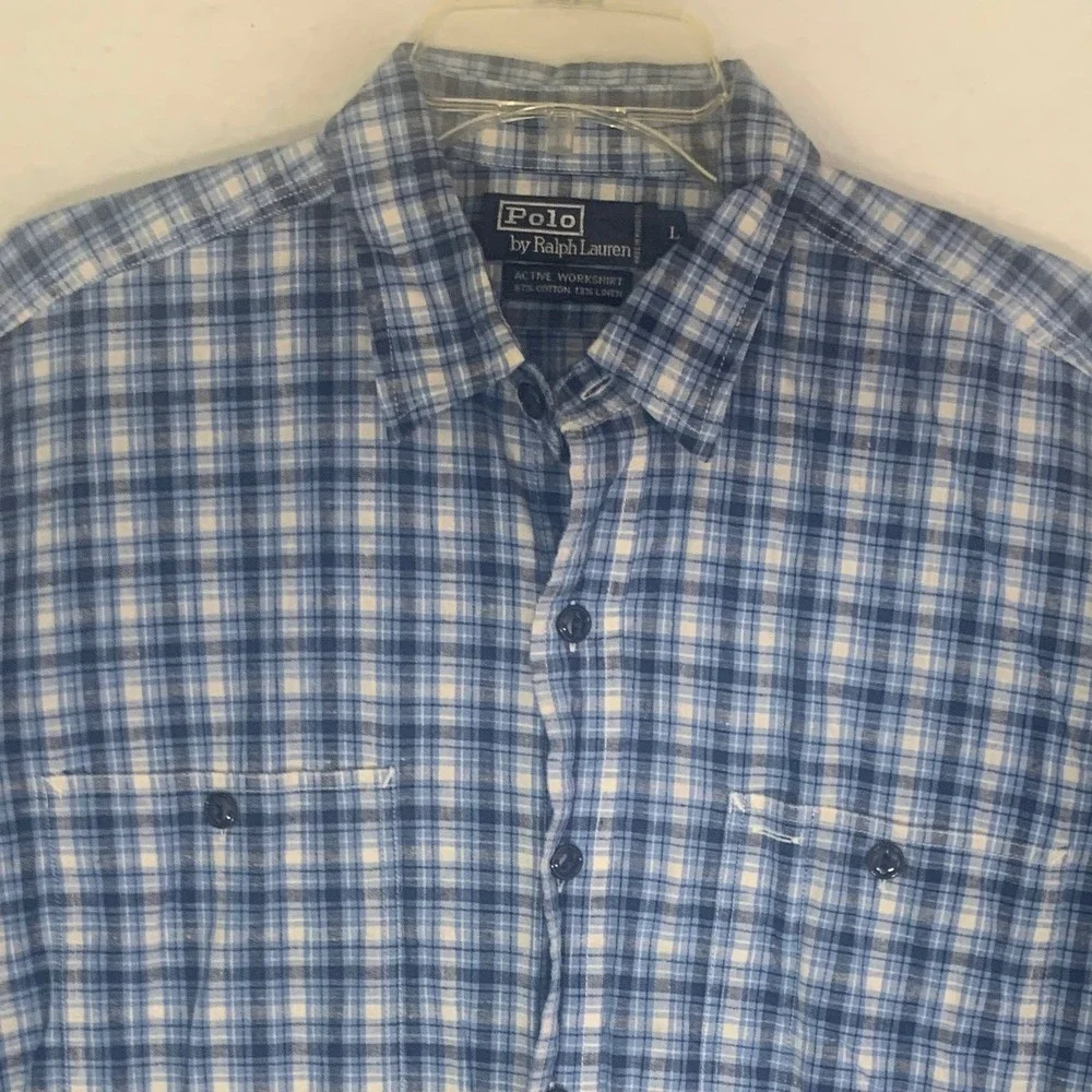 Vtg 90s Polo Ralph Lauren The Active Workshirt Blue‎ Plaid Linen Cotton Blend L